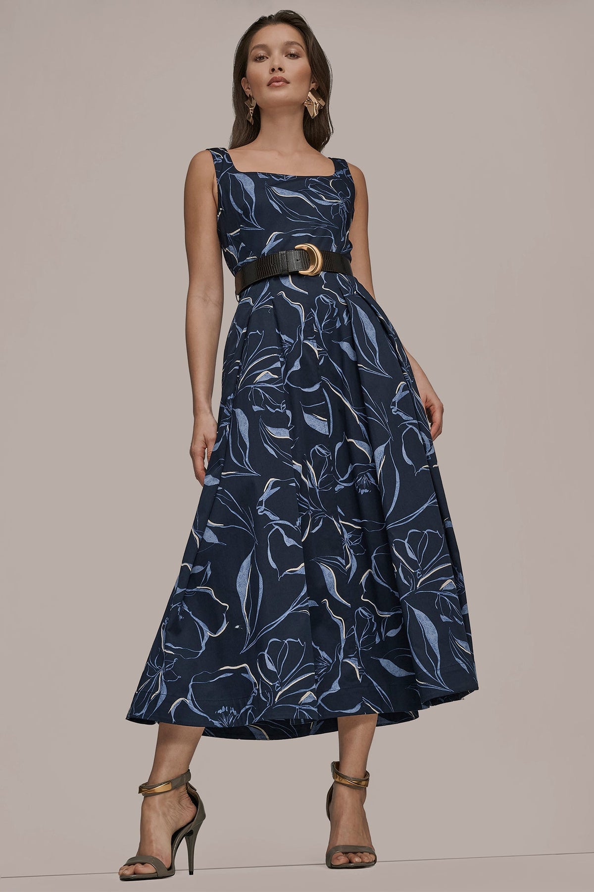 COTTON FLORAL SQUARE-NECK MIDI DRESS - NIGHTFALL MULTI