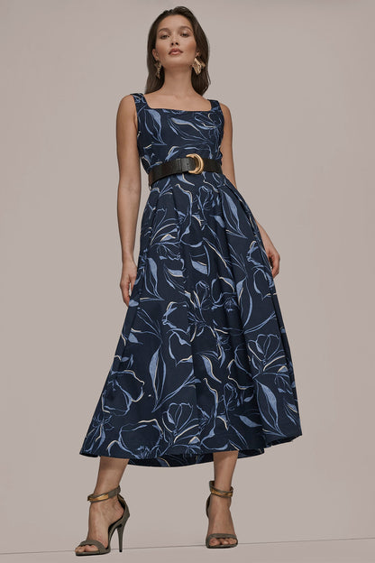 COTTON FLORAL SQUARE-NECK MIDI DRESS - NIGHTFALL MULTI