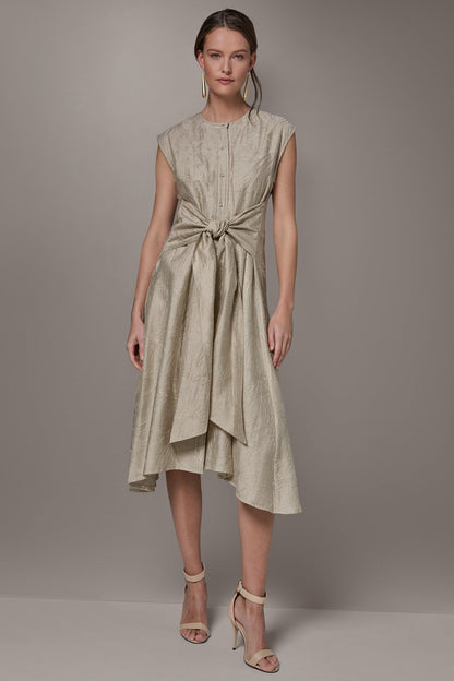 EMBROIDERED TIE-FRONT MIDI DRESS - Tuscan Grey