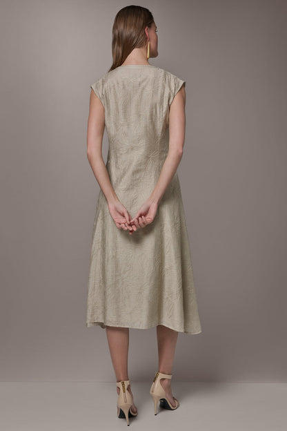 EMBROIDERED TIE-FRONT MIDI DRESS - Tuscan Grey