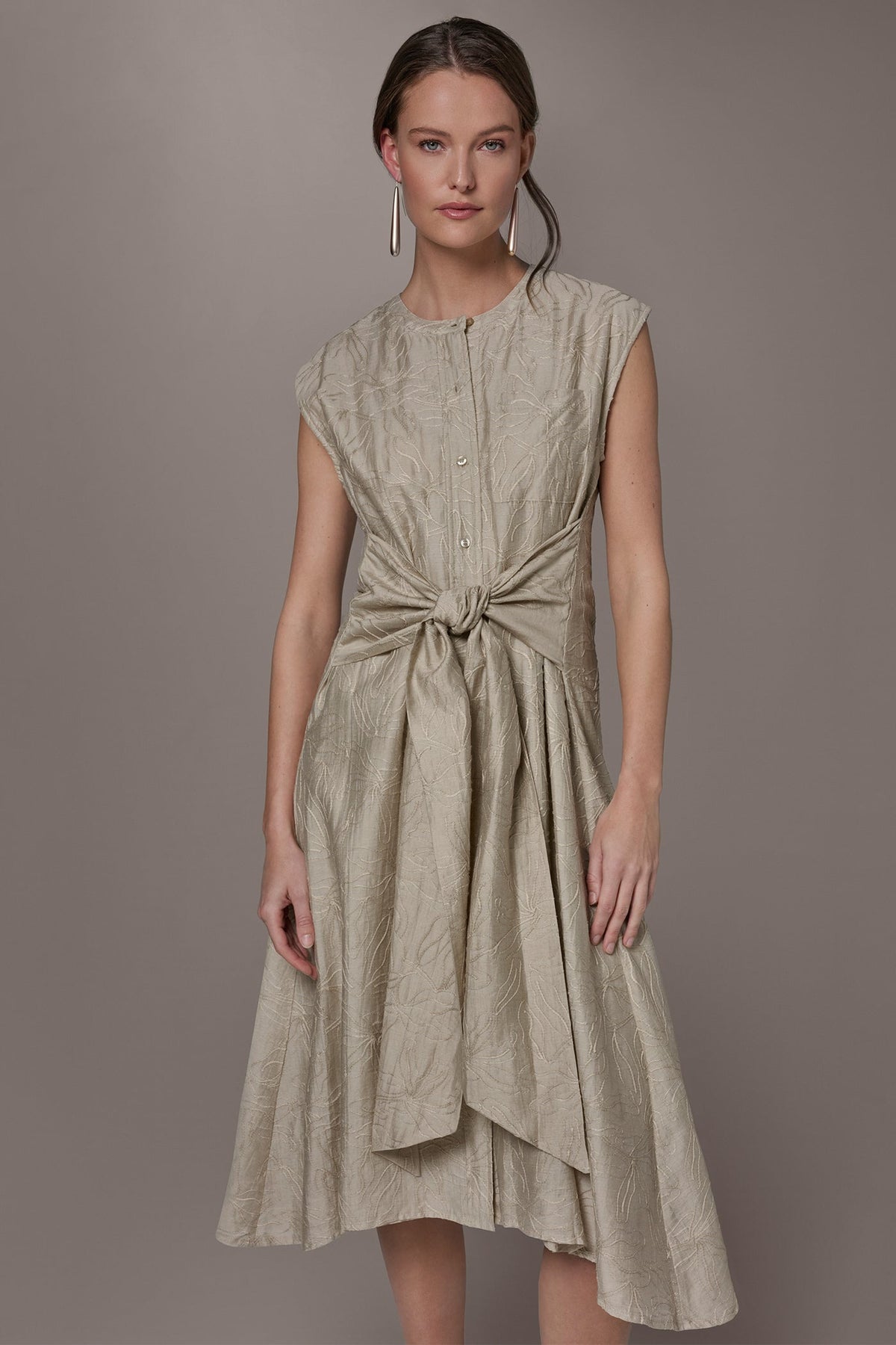 EMBROIDERED TIE-FRONT MIDI DRESS - Tuscan Grey