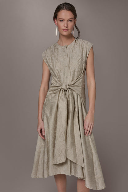 EMBROIDERED TIE-FRONT MIDI DRESS - Tuscan Grey