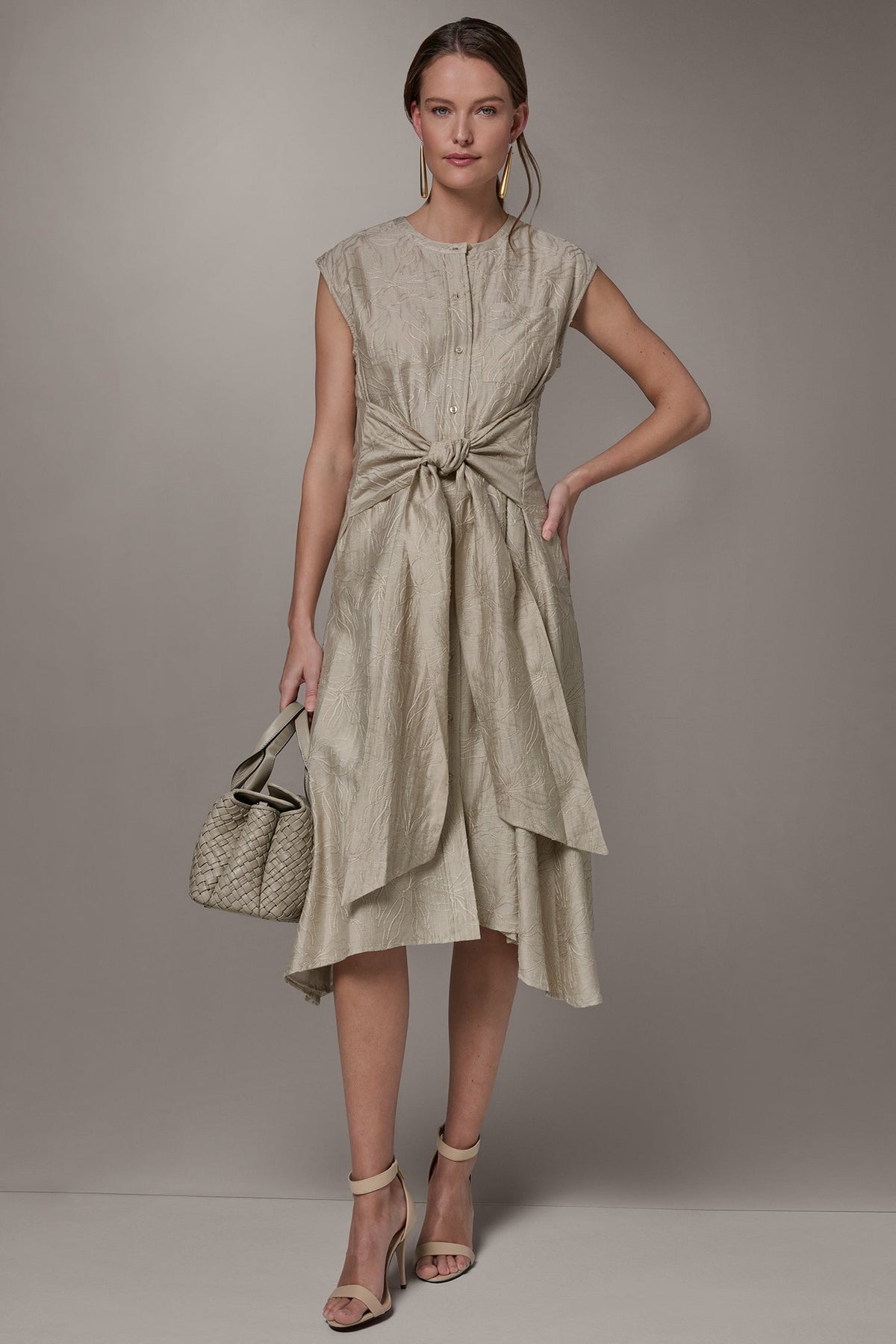 EMBROIDERED TIE-FRONT MIDI DRESS - Tuscan Grey
