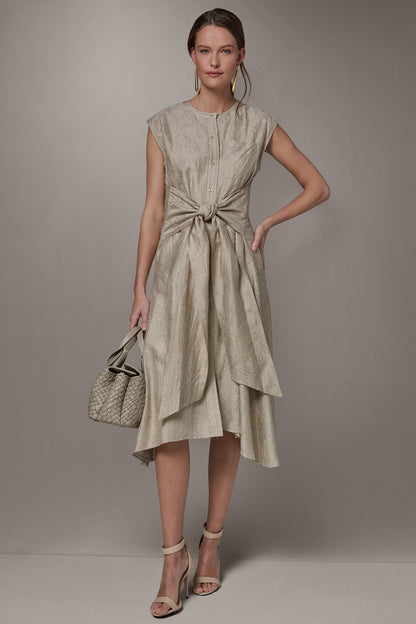 EMBROIDERED TIE-FRONT MIDI DRESS - Tuscan Grey