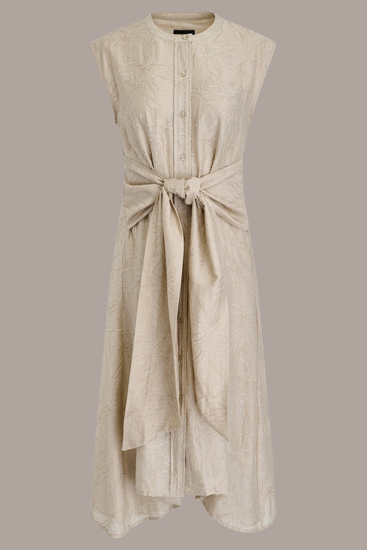 EMBROIDERED TIE-FRONT MIDI DRESS - Tuscan Grey