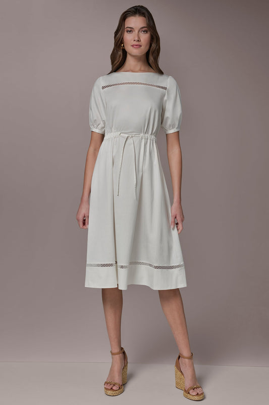 COTTON-SATEEN LATTICE MIDI A-LINE DRESS - Cream