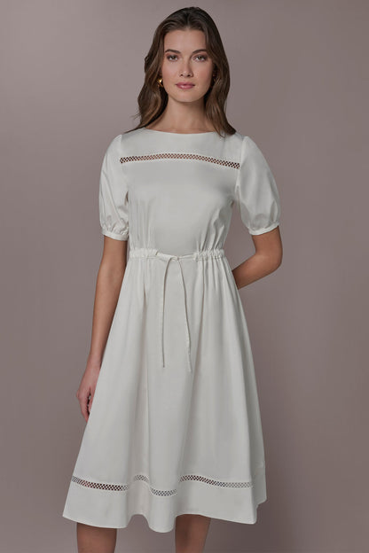 COTTON-SATEEN LATTICE MIDI A-LINE DRESS - Cream