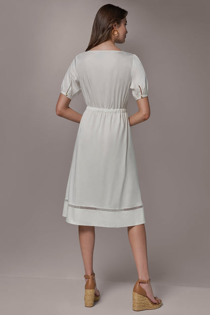 COTTON-SATEEN LATTICE MIDI A-LINE DRESS - Cream