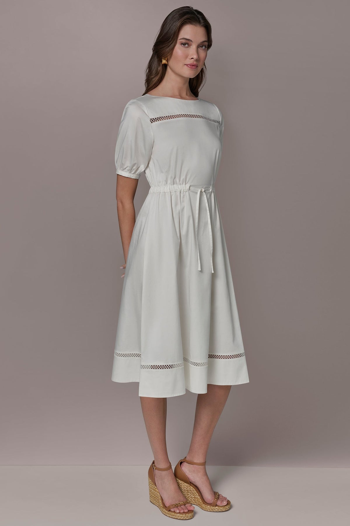 COTTON-SATEEN LATTICE MIDI A-LINE DRESS - Cream
