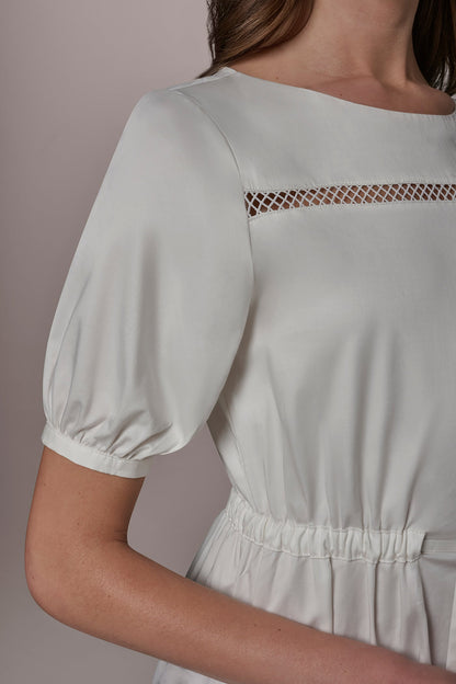 COTTON-SATEEN LATTICE MIDI A-LINE DRESS - Cream