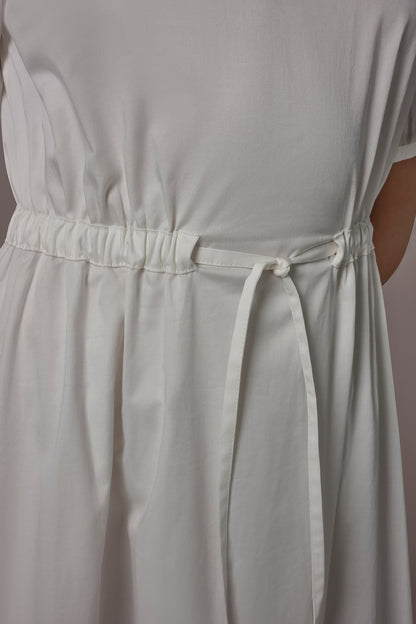 COTTON-SATEEN LATTICE MIDI A-LINE DRESS - Cream