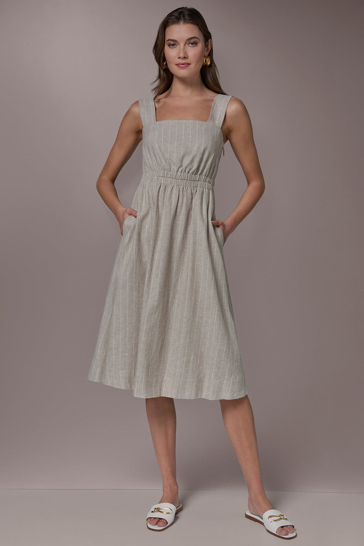 LINEN-BLEND PINSTRIPE CUTOUT MIDI DRESS - Tuscan Grey/Cream
