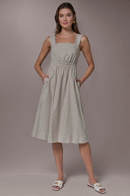 LINEN-BLEND PINSTRIPE CUTOUT MIDI DRESS - Tuscan Grey/Cream
