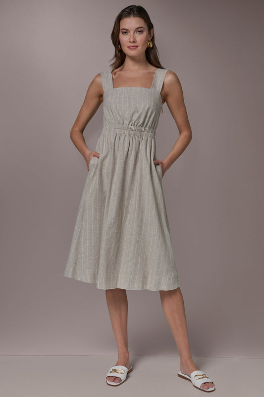 LINEN-BLEND PINSTRIPE CUTOUT MIDI DRESS - Tuscan Grey/Cream