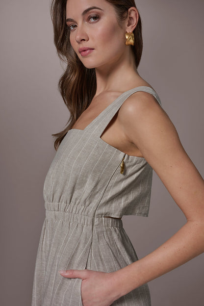 LINEN-BLEND PINSTRIPE CUTOUT MIDI DRESS - Tuscan Grey/Cream