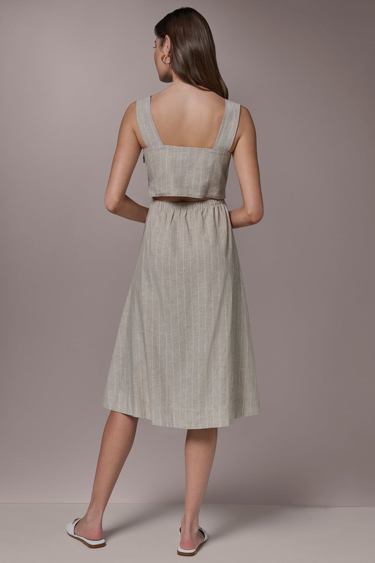LINEN-BLEND PINSTRIPE CUTOUT MIDI DRESS - Tuscan Grey/Cream