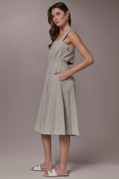 LINEN-BLEND PINSTRIPE CUTOUT MIDI DRESS - Tuscan Grey/Cream