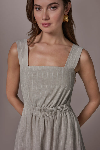 LINEN-BLEND PINSTRIPE CUTOUT MIDI DRESS - Tuscan Grey/Cream