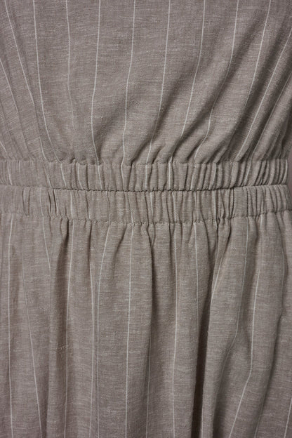 LINEN-BLEND PINSTRIPE CUTOUT MIDI DRESS - Tuscan Grey/Cream
