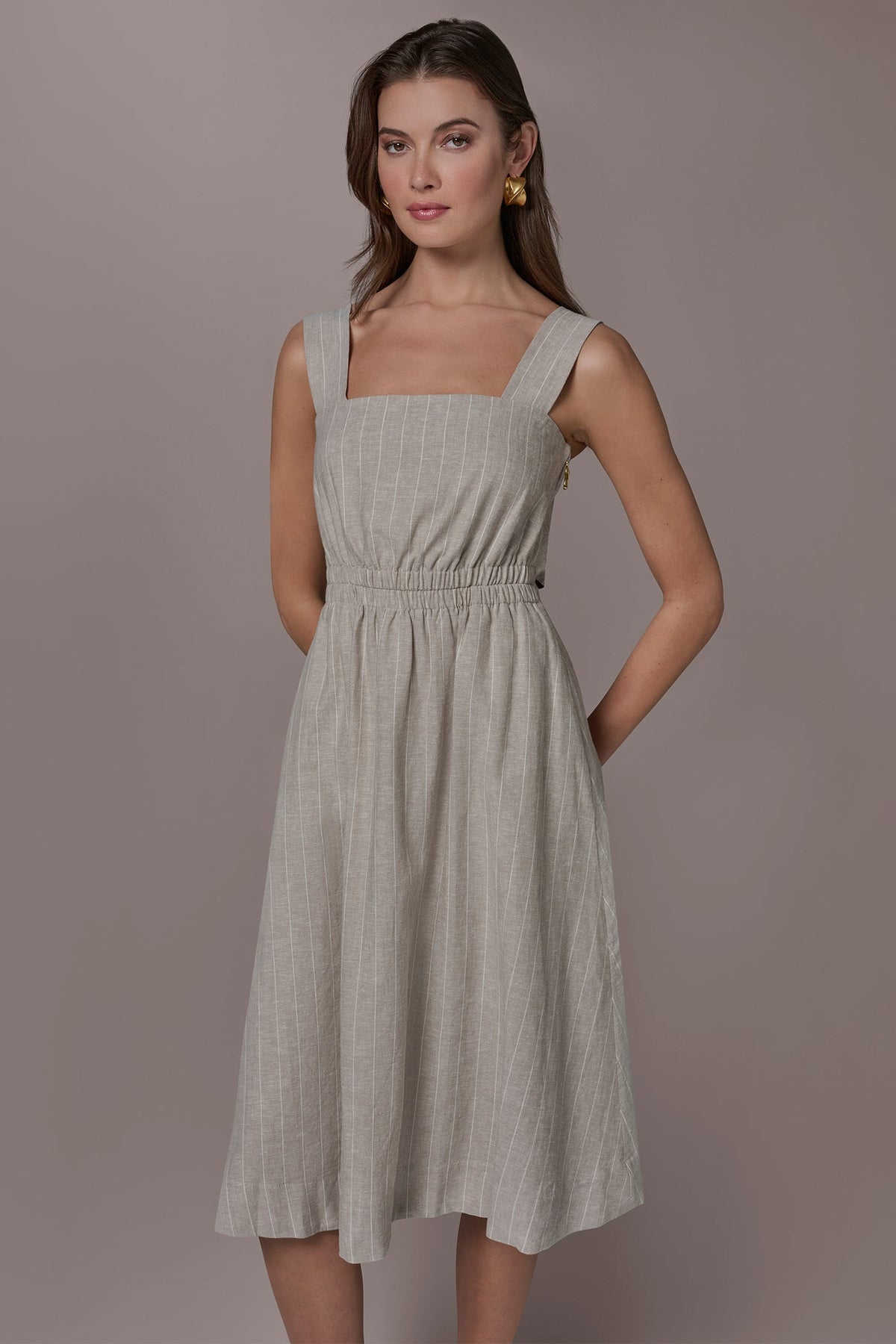 LINEN-BLEND PINSTRIPE CUTOUT MIDI DRESS - Tuscan Grey/Cream