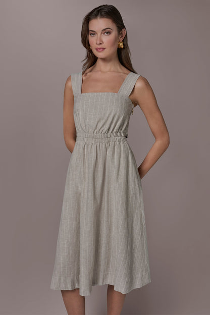 LINEN-BLEND PINSTRIPE CUTOUT MIDI DRESS - Tuscan Grey/Cream