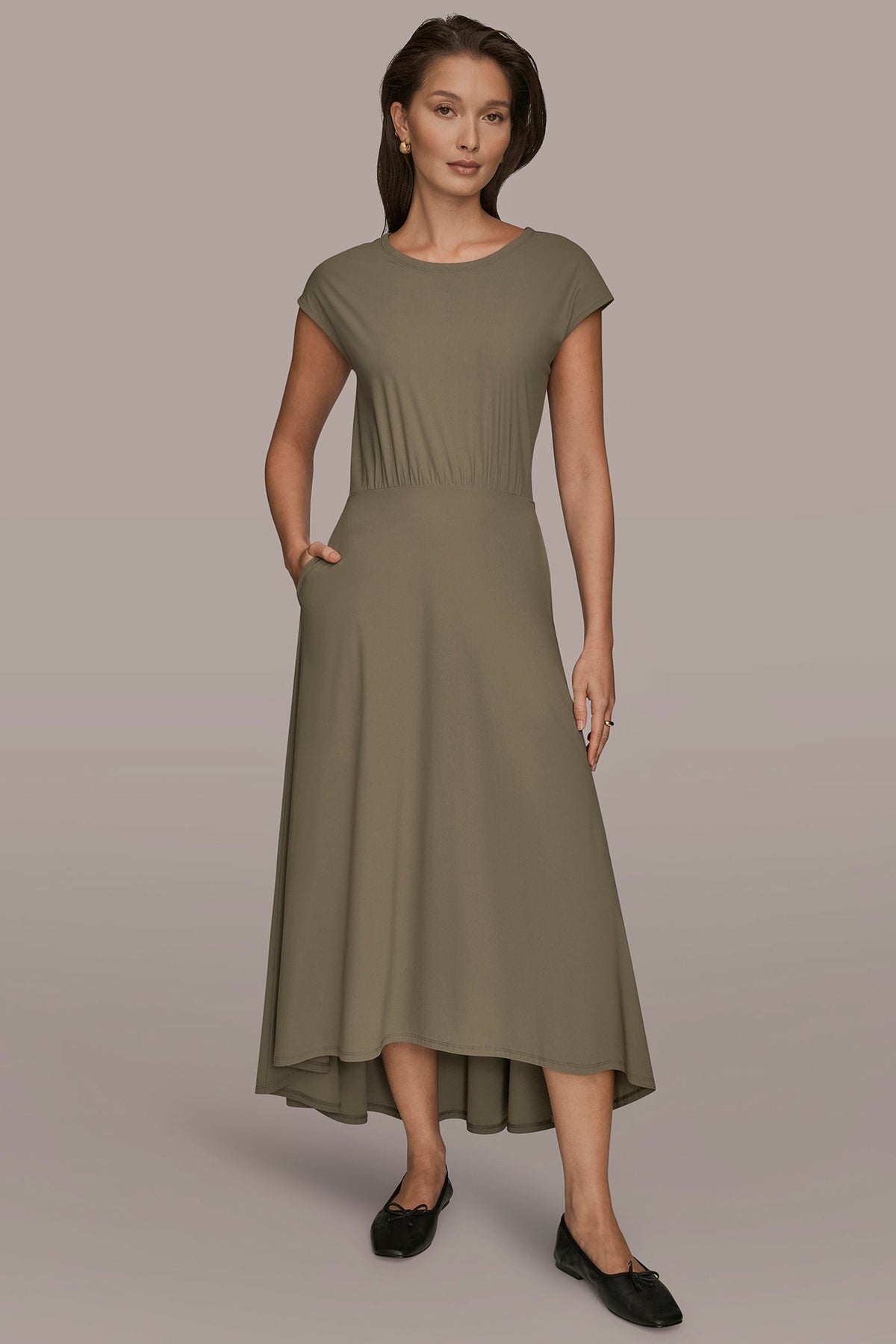 THE MODERN TRAVEL MIDI FIT AND FLARE DRESS - KHAKI GREEN