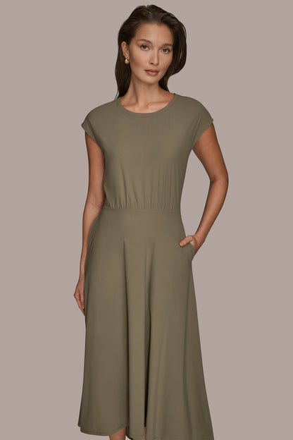 THE MODERN TRAVEL MIDI FIT AND FLARE DRESS - KHAKI GREEN