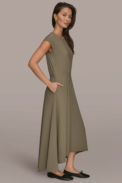 THE MODERN TRAVEL MIDI FIT AND FLARE DRESS - KHAKI GREEN