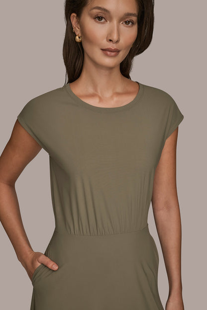 THE MODERN TRAVEL MIDI FIT AND FLARE DRESS - KHAKI GREEN