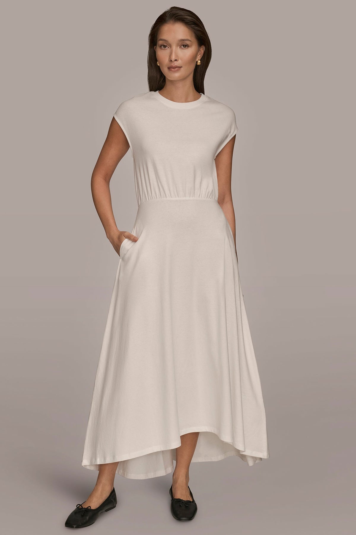 CAP SLEEVE CREW NECK DRESS - CREAM