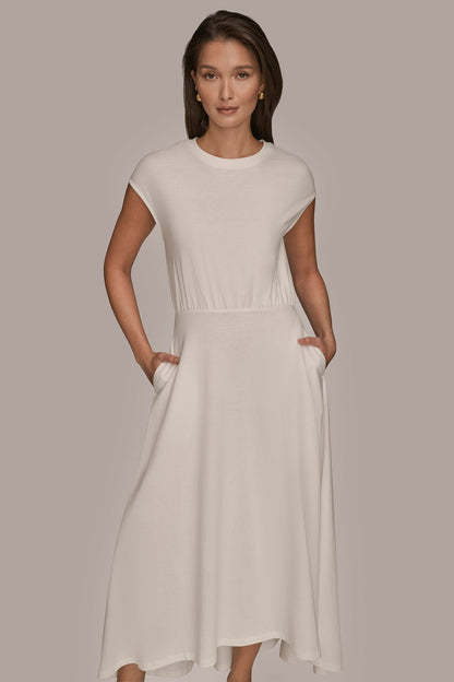 CAP SLEEVE CREW NECK DRESS - CREAM