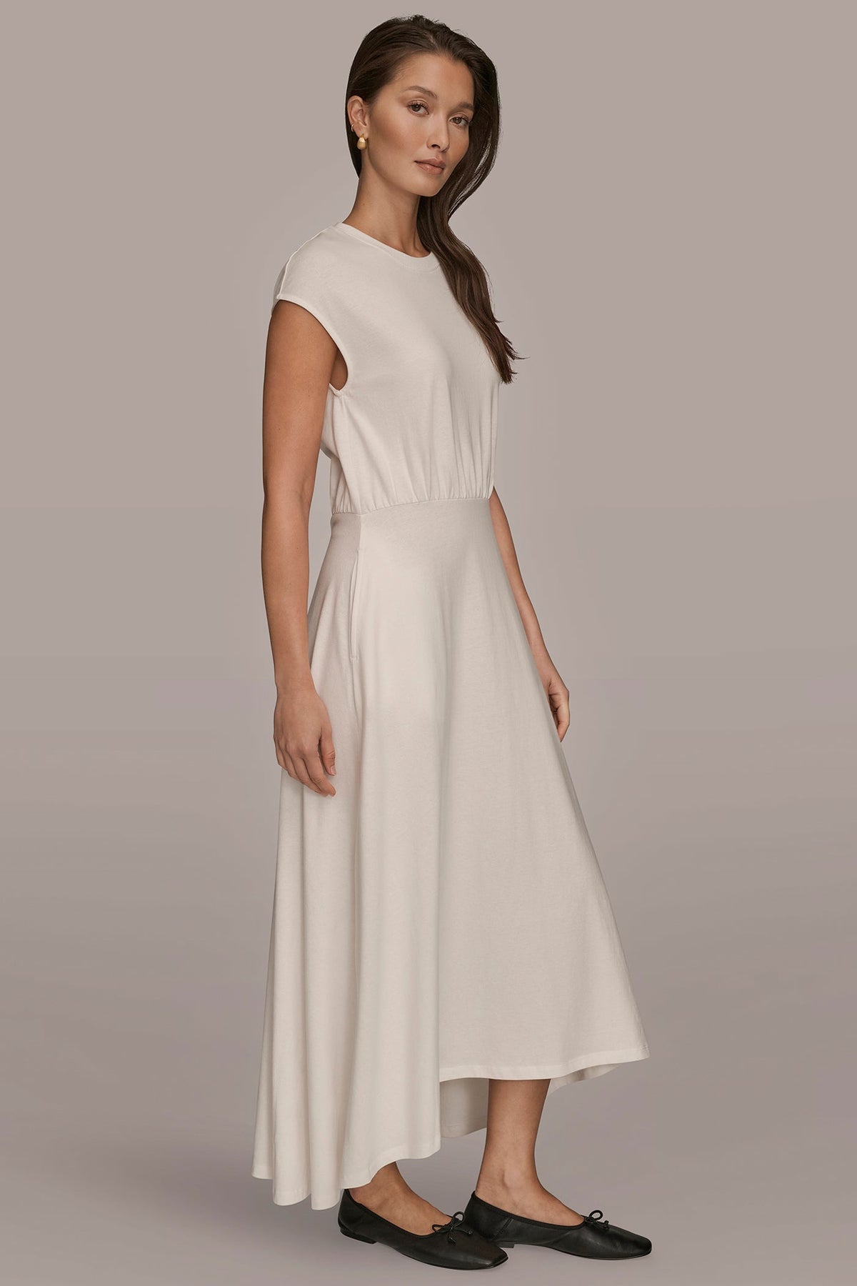 CAP SLEEVE CREW NECK DRESS - CREAM