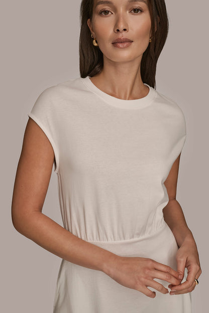 CAP SLEEVE CREW NECK DRESS - CREAM