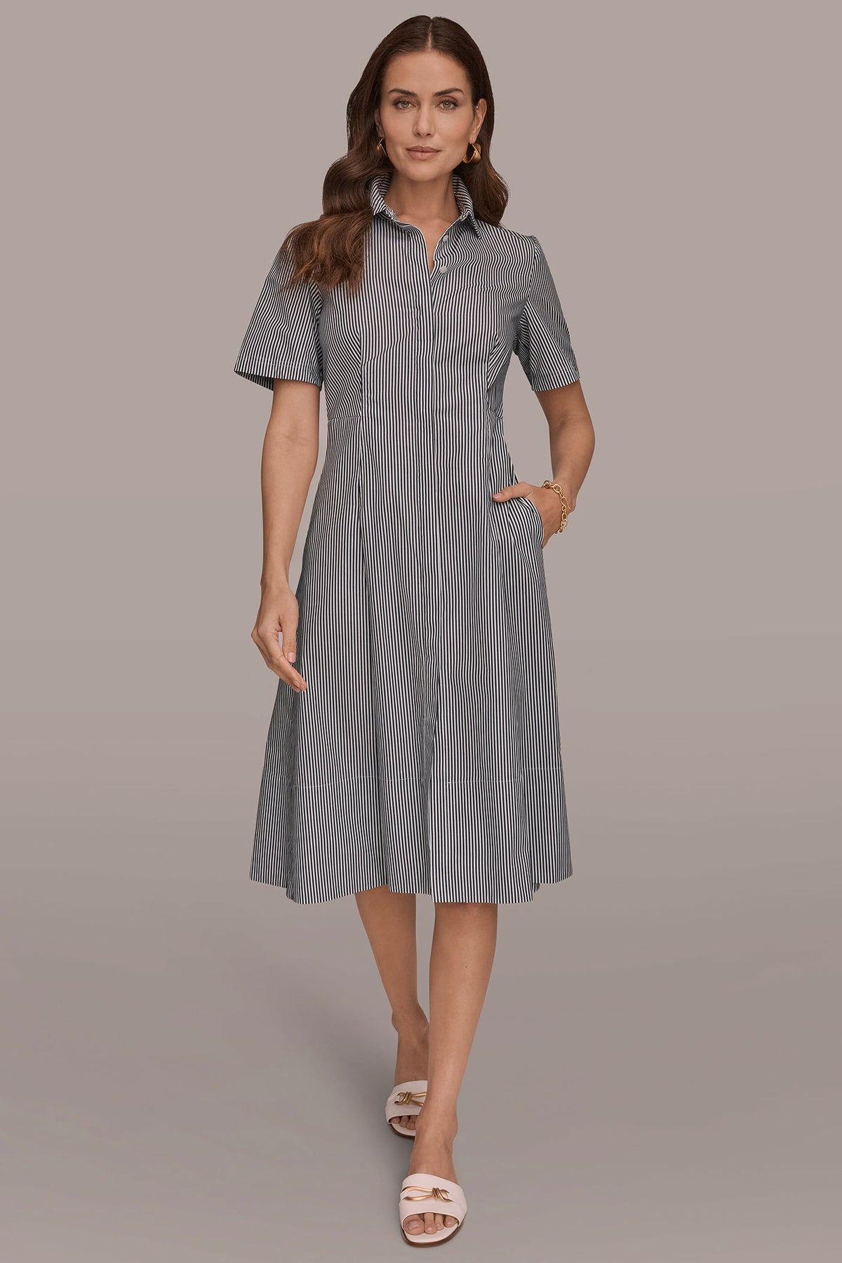 COTTON-POPLIN STRIPED MIDI SHIRT DRESS - Nightfall / White