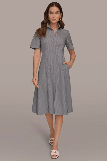 COTTON-POPLIN STRIPED MIDI SHIRT DRESS - Nightfall / White