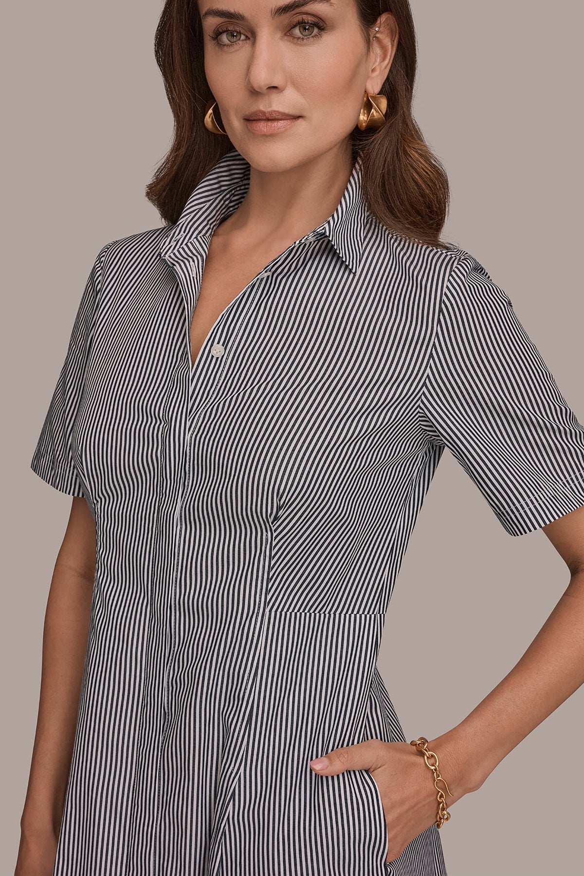 COTTON-POPLIN STRIPED MIDI SHIRT DRESS - Nightfall / White