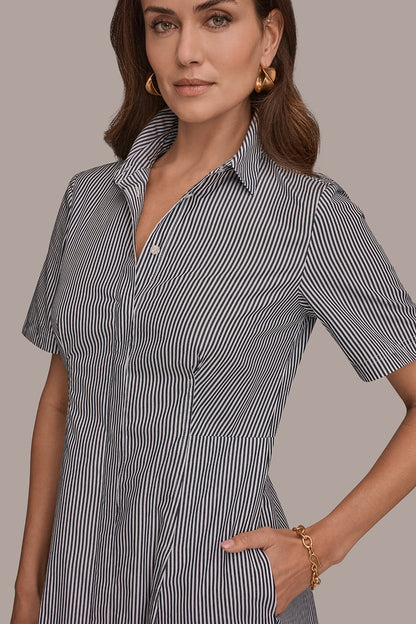 COTTON-POPLIN STRIPED MIDI SHIRT DRESS - Nightfall / White