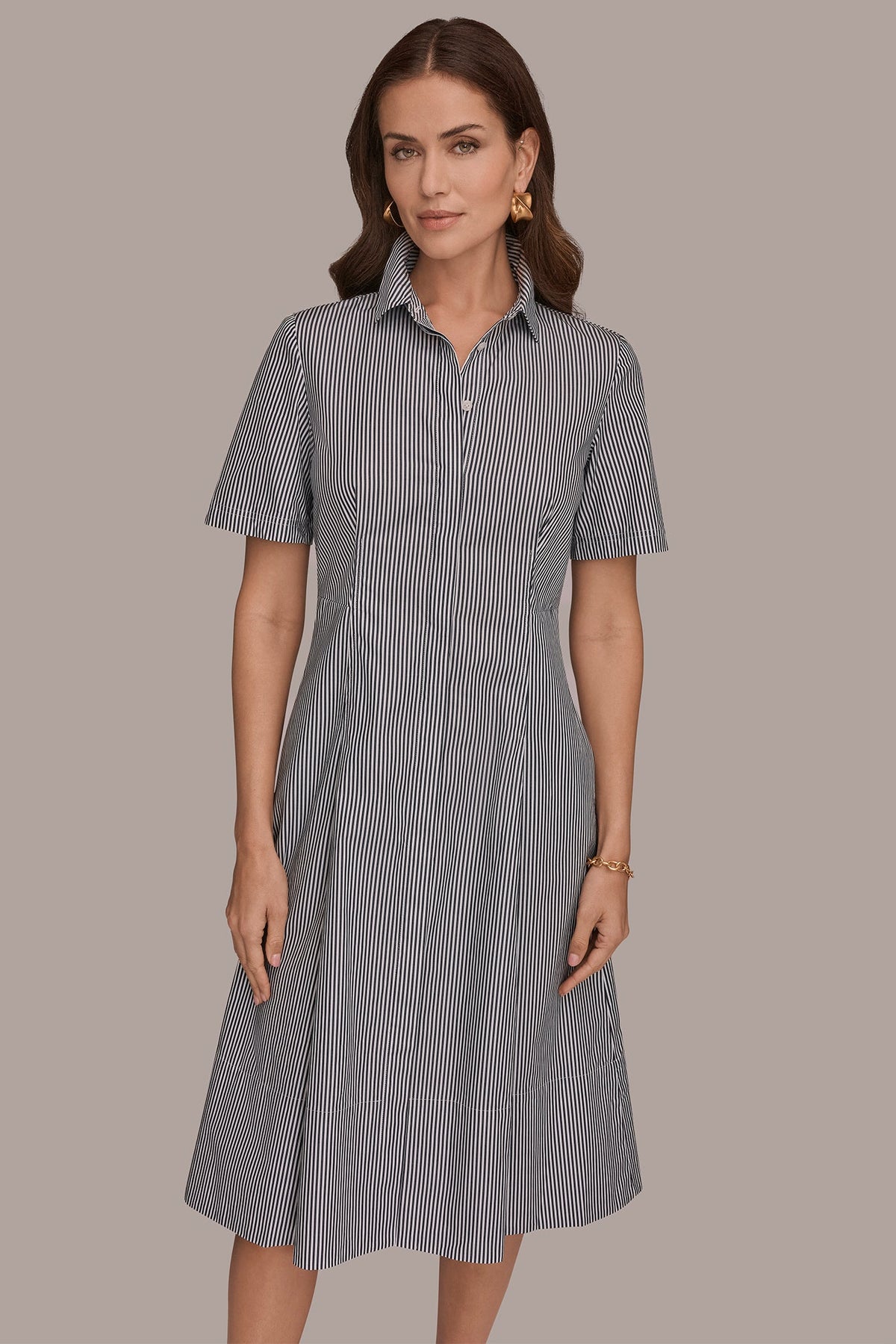 COTTON-POPLIN STRIPED MIDI SHIRT DRESS - Nightfall / White