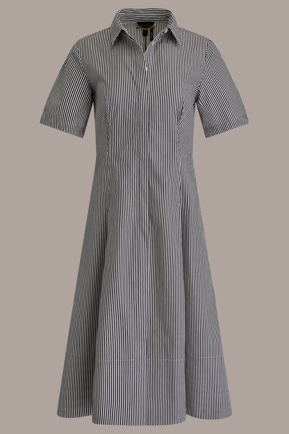 COTTON-POPLIN STRIPED MIDI SHIRT DRESS - Nightfall / White