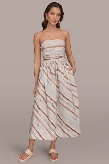STRAPLESS PRINTED MIDI DRESS - Watercolor Stripe