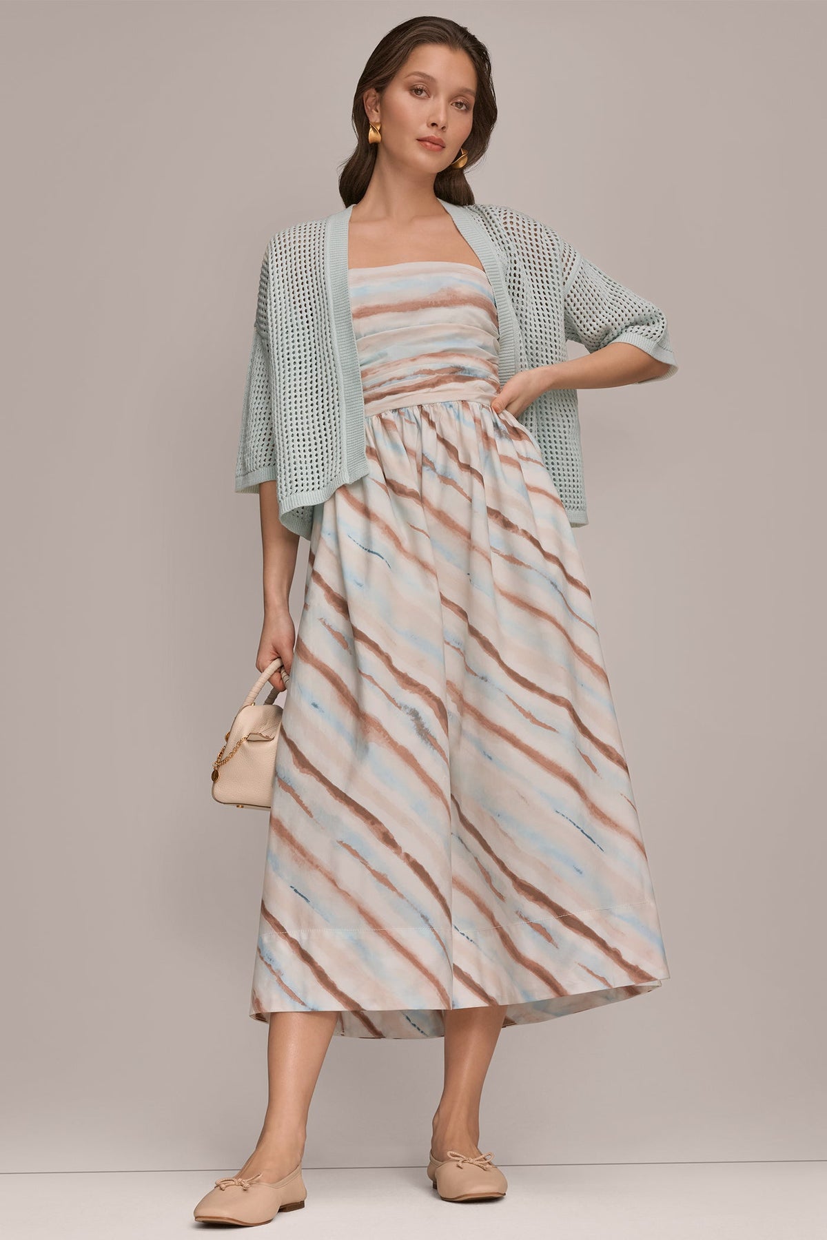 STRAPLESS PRINTED MIDI DRESS - Watercolor Stripe