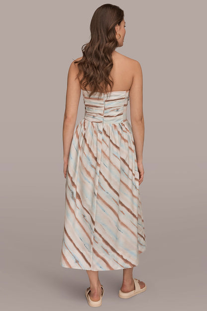 STRAPLESS PRINTED MIDI DRESS - Watercolor Stripe