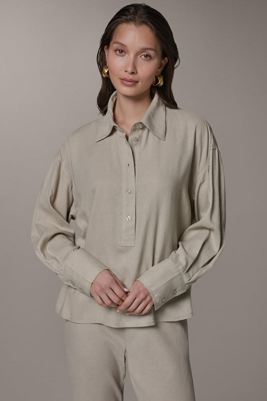 LONG SLEEVE HALF BUTTON BLOUSE - Sandstone