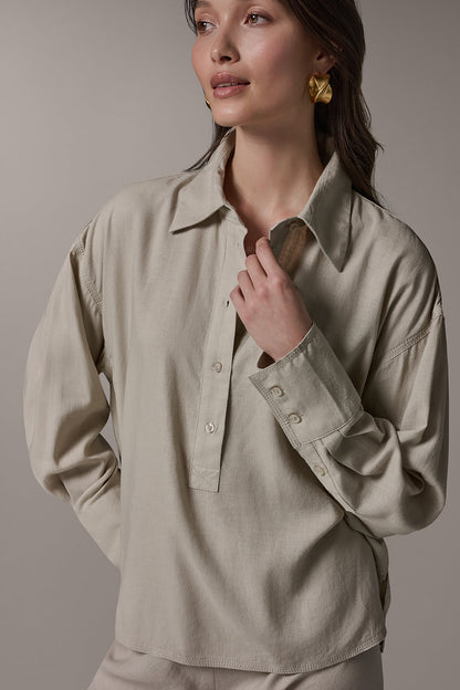 LONG SLEEVE HALF BUTTON BLOUSE - Sandstone