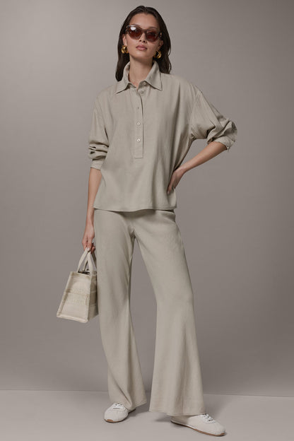 LONG SLEEVE HALF BUTTON BLOUSE - Sandstone