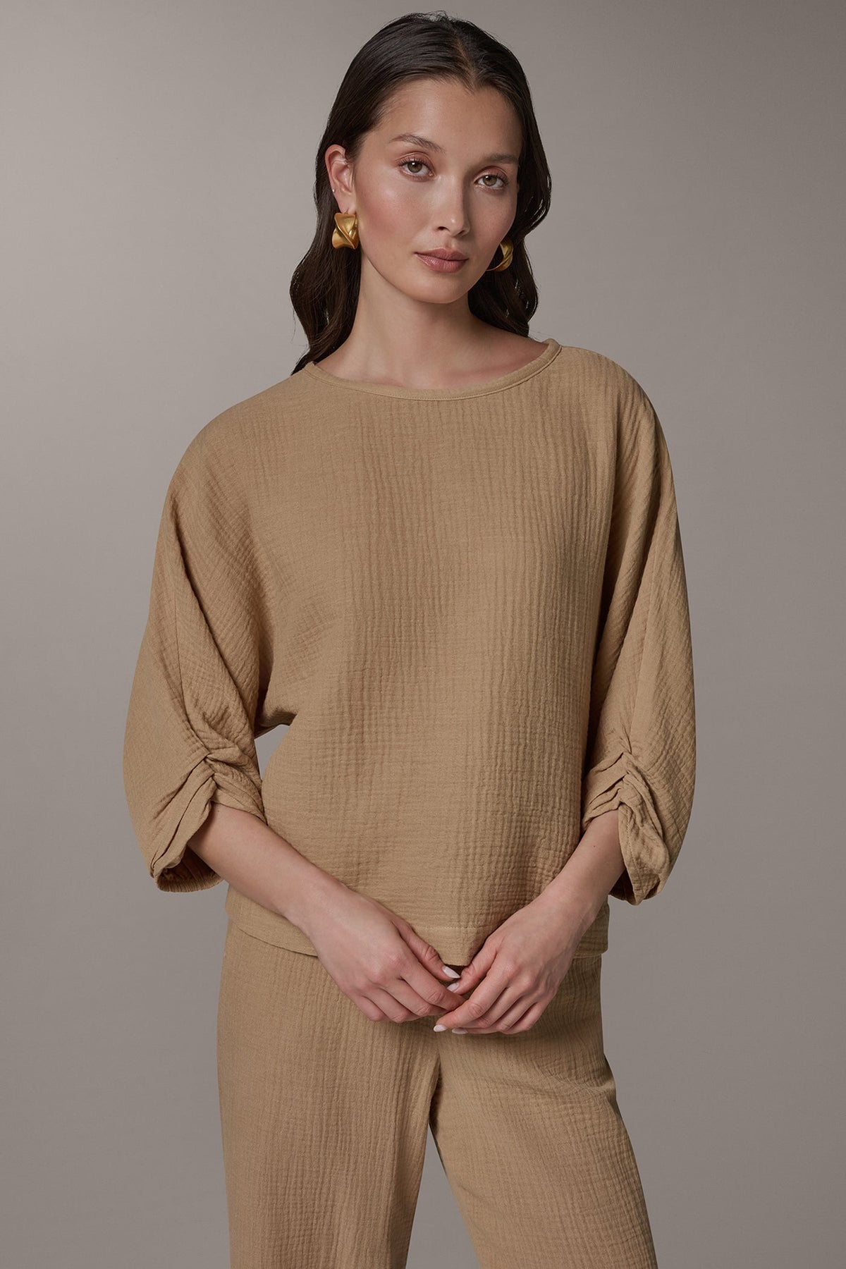 3/4 SLEEVE TWIST CUFF BLOUSE - Fawn