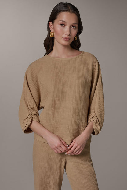3/4 SLEEVE TWIST CUFF BLOUSE - Fawn
