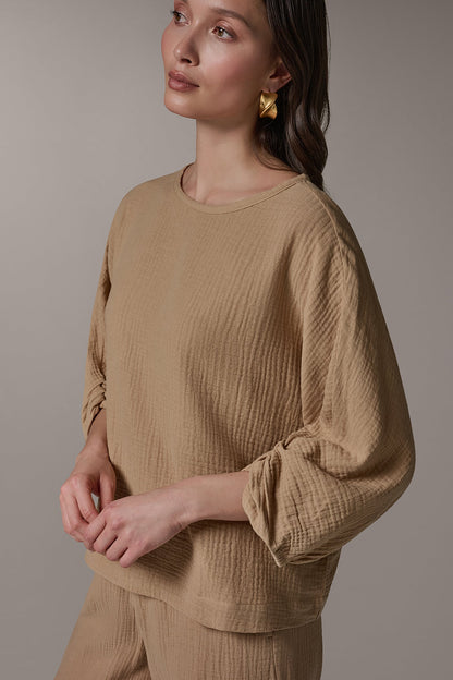 3/4 SLEEVE TWIST CUFF BLOUSE - Fawn