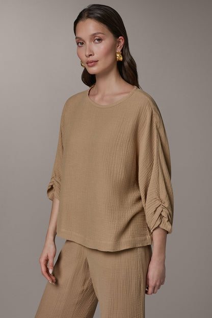 3/4 SLEEVE TWIST CUFF BLOUSE - Fawn