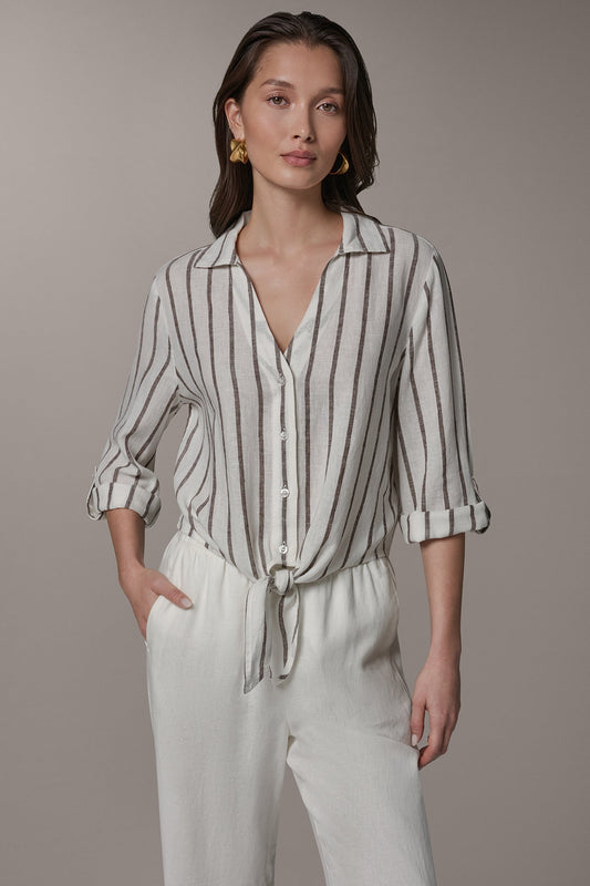 LONG SLEEVE TIE-FRONT BLOUSE - Cream/Canyon